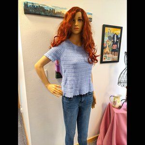 Ann Taylor Factory Petite Blue Short Sleeve Sweater Top Size Medium Petite